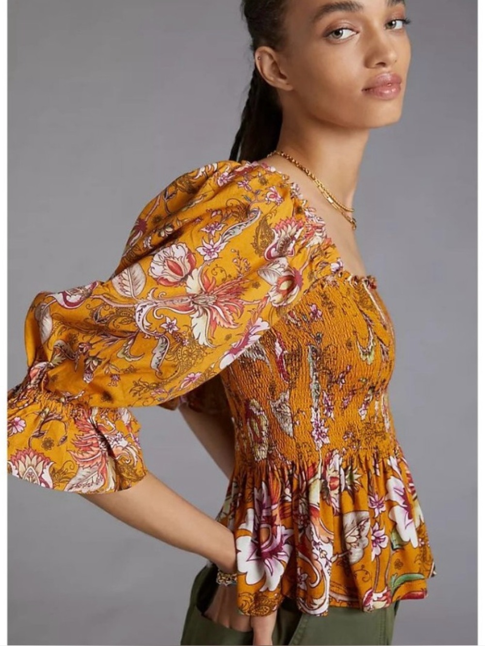 Anthropolgie Smocked Sweetheart Floral Blouse Large